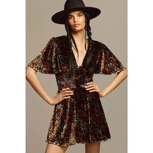 NWT By Anthropologie Short-Sleeve Velvet Mini Dress $188 X-SMALL Brown